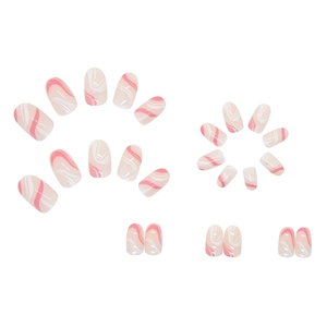 Pink and white wave pattern press on nails in square-oval shape with glossy finish