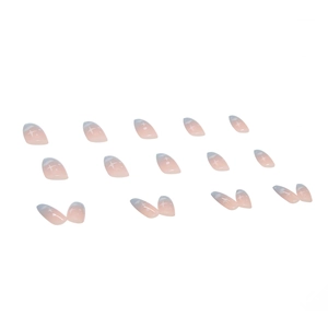 Pink and blue gradient press-on nails with white star designs in ballerina shape
