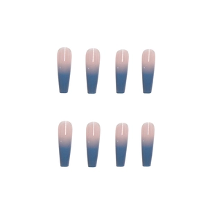 Blue and pink gradient long coffin press on nails with high gloss resin finish
