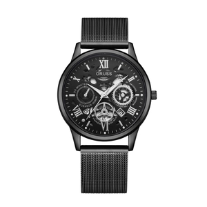 Men Quartz Watch Alloy Case Stainless Steel Mesh Leather Strap Skeleton Dial Roman Numerals Waterproof Business Casual