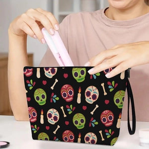Sac À Cosmétiques Imprimé Crâne De Sucre Jour Des Morts Mexicain En Lin Pochette De Maquillage Portable À Fermeture Éclair