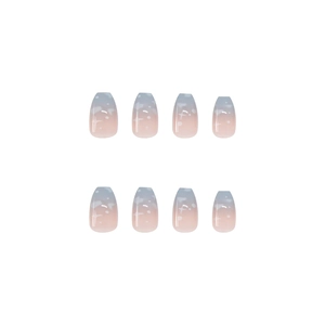 Glossy sky blue and pink gradient press-on nails with star patterns in coffin shape