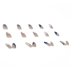 Nude almond fake nails with blue and white abstract geometric pattern full set