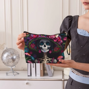 Mexican Day of the Dead makeup bag with colorful sugar skull and floral prints