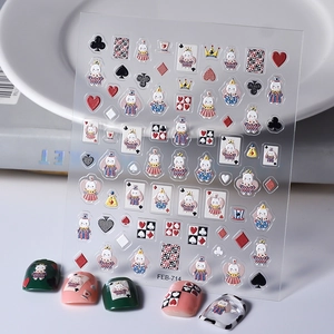 5D Embossed Nail Art Stickers Self Adhesive Poker Card Cartoon Rabbit Bear Manicure Decals Waterproof Relief Design