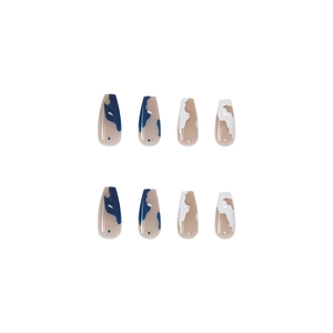 Blue marble and nude patchwork coffin fake nails with high-gloss finish on white background