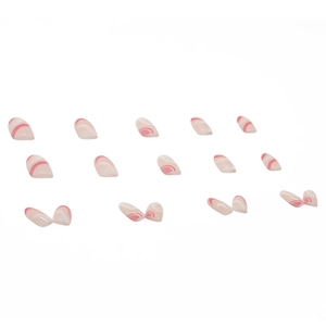 Pink and white marble almond press on nails set with a modern minimalist swirl pattern