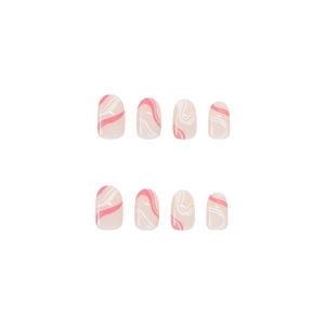 Pink and white fluid wave press-on nails with glossy finish in a short round shape