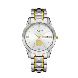 Orologio da uomo business con cinturino bicolore argento e oro, quadrante bianco e data