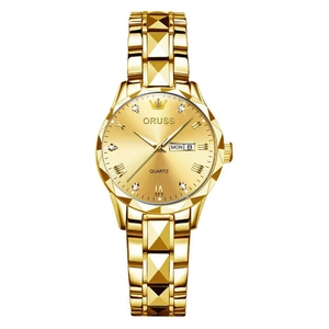 Golden quartz watch with luminous display and 3D textured bracelet link for women