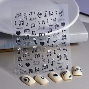 Detail of music-themed nail stickers with black notes, staff patterns and FEB-691 design