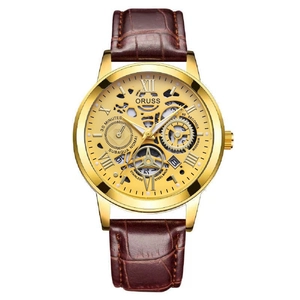 Men's quartz watch with gold stainless steel case, brown leather strap, and skeleton dial