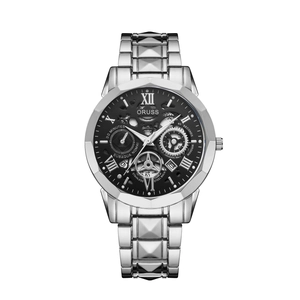 Minimalist silver stainless steel men's watch with black hollow dial and Roman numerals