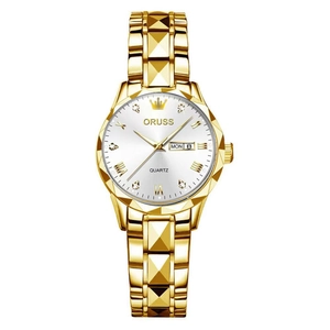 Elegant gold-plated stainless steel watch with white dial and date display window for women