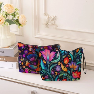 Floral print cosmetic bag with bird patterns, zippered travel pouch for makeup storage
