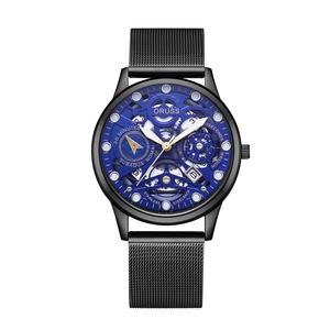 Orologio al quarzo traforato ORUSS da uomo con cinturino milanese nero e quadrante blu