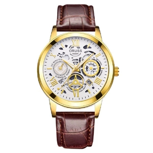 Men's ORUSS mechanical style quartz watch with gold case, calendar, and brown leather strap