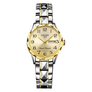 Orologio al quarzo da donna minimalista in acciaio bicolore con doppio calendario