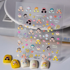 5D Relief Nail Stickers Cute Cartoon Girl Heart Flower Cupcake Design Waterproof Adhesive Manicure Decoration For Women