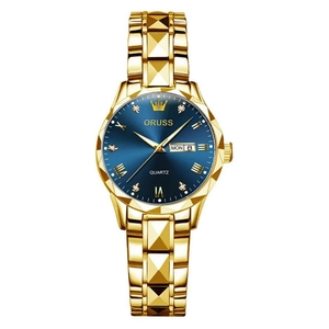 Luminous waterproof gold quartz watch with blue dial and date display for men and women