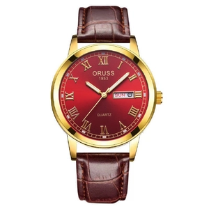 Montre quartz homme avec boîtier doré, cadran rouge et bracelet en cuir marron