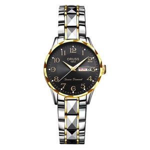 Orologio al quarzo da donna elegante con quadrante nero e cinturino bicolore in acciaio