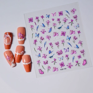 Detailed 3D embossed purple flower and butterfly nail stickers with pearls and floral motifs