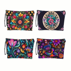 Set of 4 Day of the Dead floral makeup bags with wrist straps and zippers
