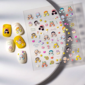 5D embossed cute cartoon girl nail stickers with heart and dessert patterns