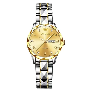 Luminous waterproof quartz watch with gold dial and bicolor stainless steel band