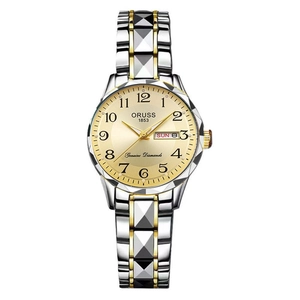 Elegante orologio al quarzo bicolore in acciaio inossidabile con quadrante champagne e datario