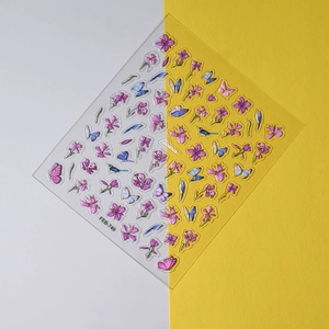 3D embossed purple flower and blue butterfly nail stickers with bird design FEB-749
