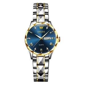 Detailed view of ORUSS two-tone quartz watch with blue dial and day-date display window