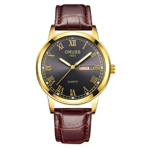 Montre quartz pour homme avec cadran noir romain, boîtier doré et bracelet en cuir