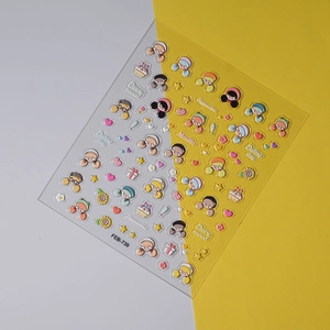 Macro shot of 5D embossed stickers featuring cute cartoon girls and colorful icons