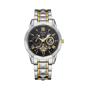 ORUSS men's fashion quartz watch with two-tone stainless steel band and black skeleton dial