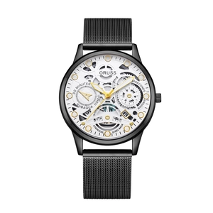 Orologio al quarzo da uomo ORUSS con quadrante scheletrato nero e cinturino a maglia
