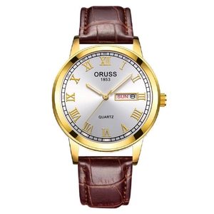 Montre à quartz ORUSS pour hommes avec boîtier doré et bracelet en cuir marron