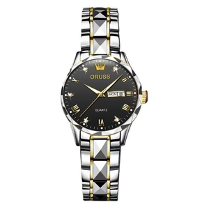 Detail of ORUSS quartz watch with two-tone steel band and day-date display window