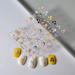 Macro view of 5D embossed nail stickers FEB-739 with cute cartoon girl and floral designs