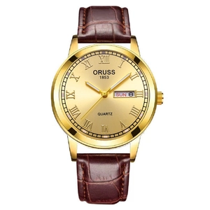 Montre à quartz classique avec boîtier doré, cadran romain et bracelet en cuir