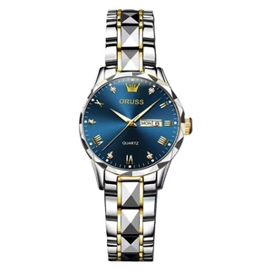 Macro detail of ORUSS two-tone stainless steel watch with blue sunray dial and day-date