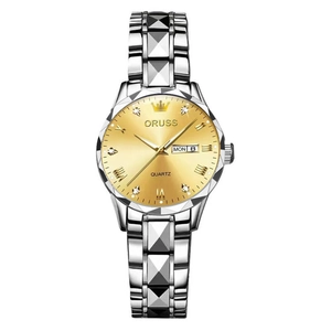 Detail of ORUSS watch face with gold sunray dial, roman numerals and dual date display