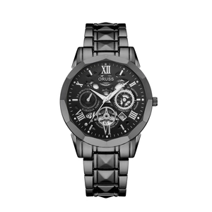 Detailed close-up of ORUSS men's black skeleton mechanical watch showing gears and dial