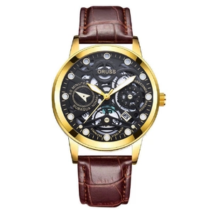Orologio uomo al quarzo con cinturino in pelle marrone e quadrante cronografo scheletrato