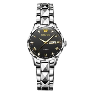 Close-up of ORUSS quartz watch showing black dial, diamond markers and silver faceted band