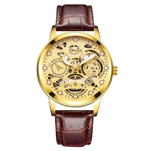 Orologio automatico da uomo con quadrante scheletrato dorato e cinturino in pelle