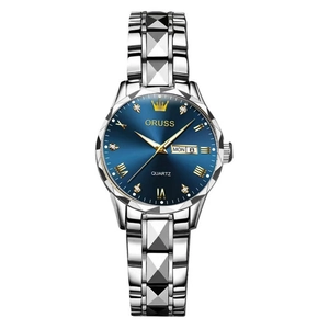 Detail of blue sunray dial with day-date display and diamond-accented metal watch links