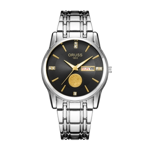 Orologio uomo ORUSS con quadrante nero soleil, indici dorati e cinturino in acciaio