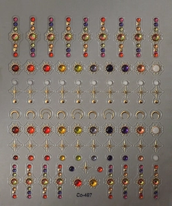 Detailed sheet of star and moon gold nail stickers with colorful rhinestones Co-497